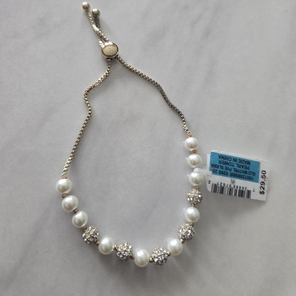 Charter Club Elegant Pearl Gold Tower Bracelet Women New Adjustable Band - Picture 4 of 12